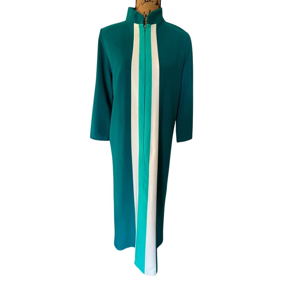 VTG JcPenney Teal White Striped Velour Zip Robe House Coat Women’s M